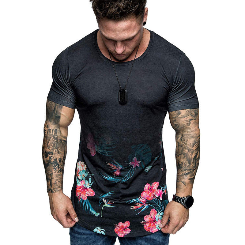 Summer Men Slim Fit Flower Print Shirt Short Sleeve