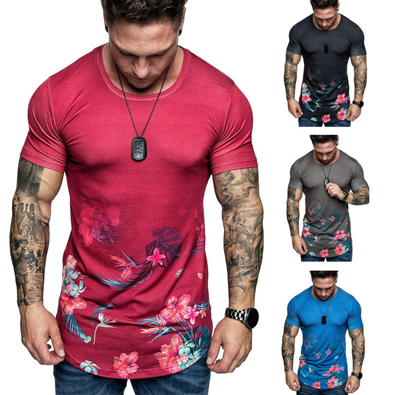 Summer Men Slim Fit Flower Print Shirt Short Sleeve
