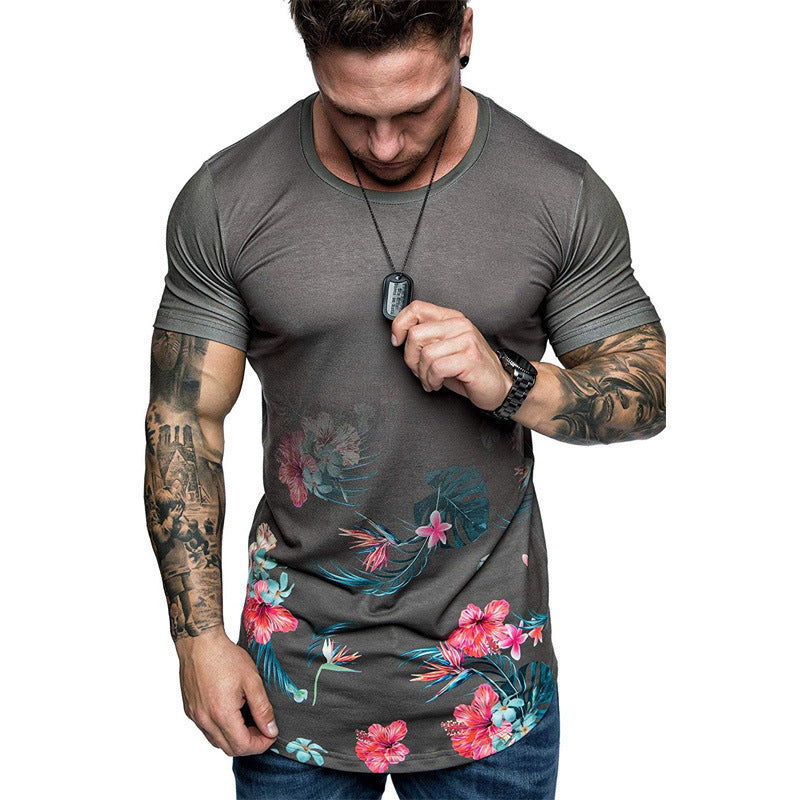Summer Men Slim Fit Flower Print Shirt Short Sleeve
